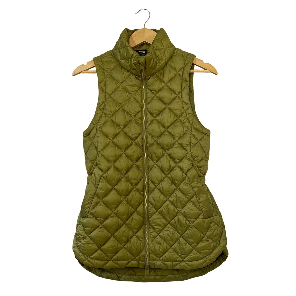 Athleta EUC Whisper Featherless Vest Olive Green Quilted Full Zip Puffer Size XS